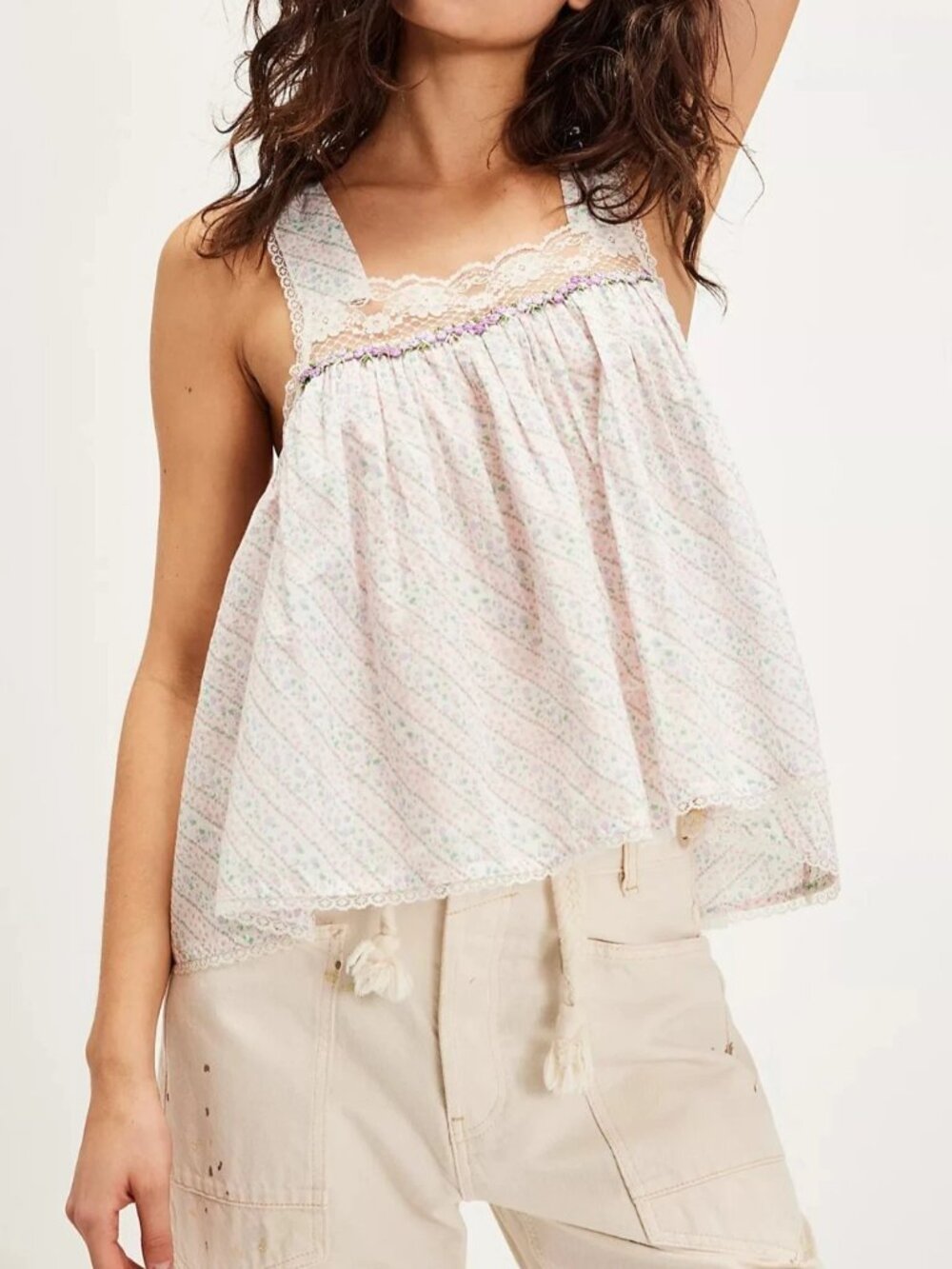 Free People Floral Harmony Tank Top Lace Floral Printed Embroidered XS 290376